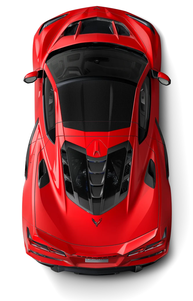 Top-down view of a freshly detailed red Corvette