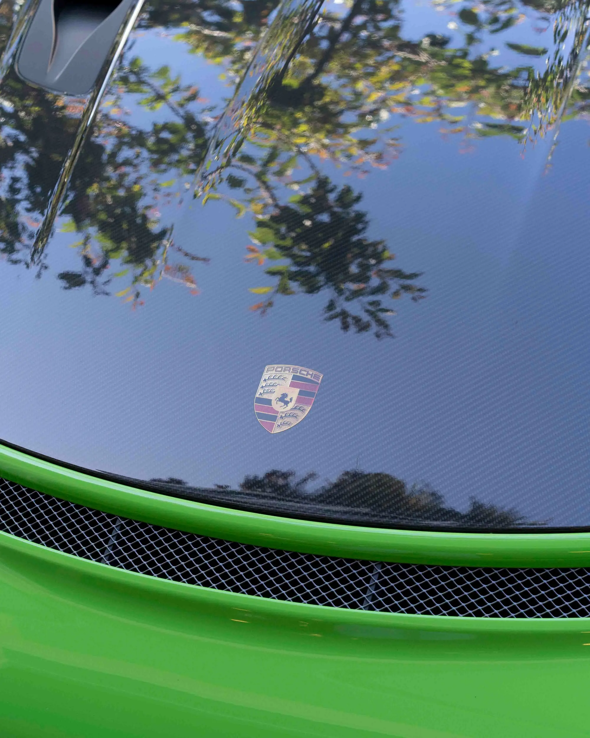 Porsche 911 GT3 RS, Porsche crest on carbon hood with tree reflections